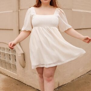 Modcloth Cream Puff Sleeve Square Neck Mini Dress